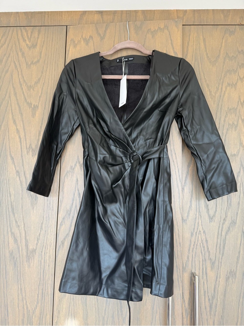 Mango Black Faux Leather Long Sleeve Wrap Dress